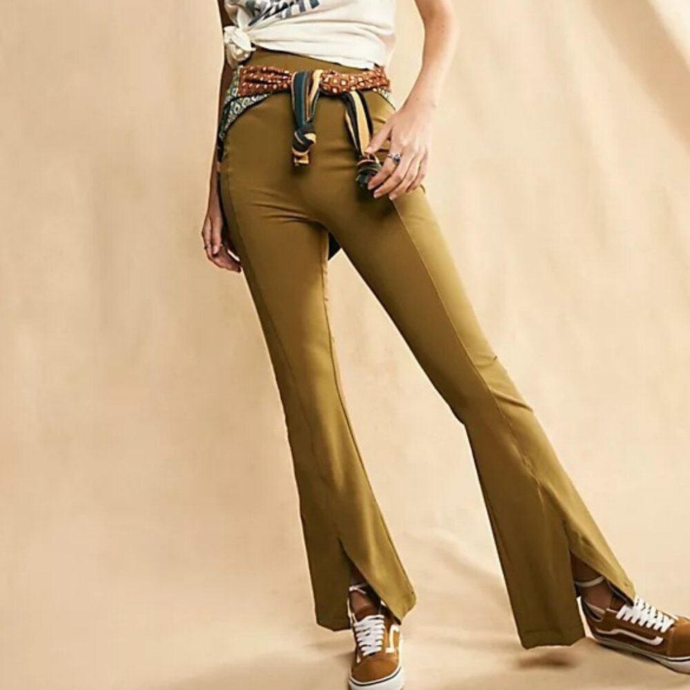Free People Real Deal High Waisted Flared Trouser Pants Olive Green